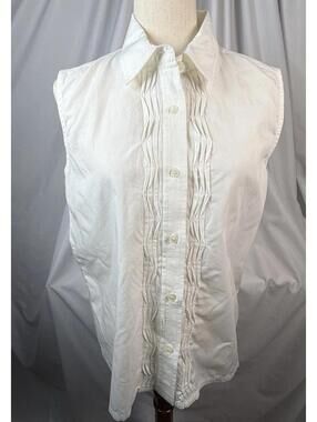 British Khaki Sleeveless White 100% Cotton Top Pintuck Front Sz 8 Feminine